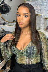 Green Snake Plunge Coated Long Sleeve Bodysuit - Clemmie-Bodysuits