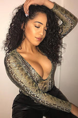 Green Snake Plunge Coated Long Sleeve Bodysuit - Clemmie-Bodysuits