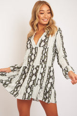 Green Snake Plunge Tiered Detail Dress - Kaiya-Dresses