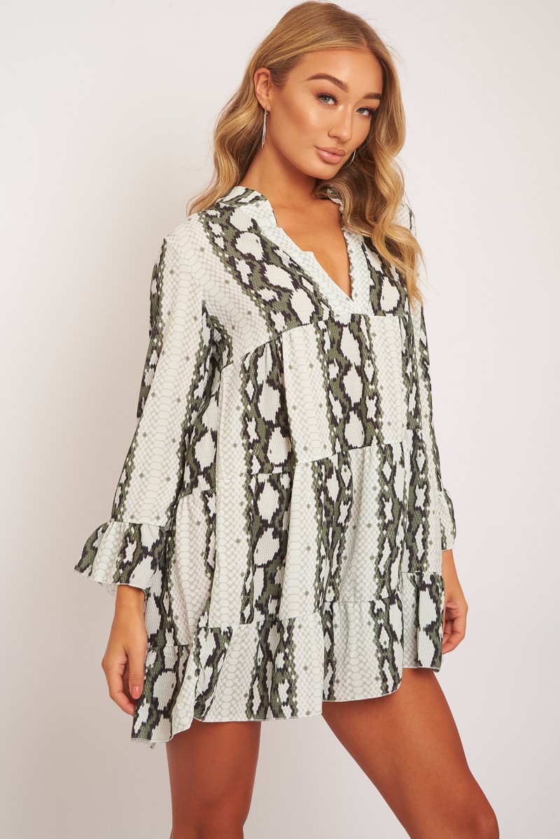 Green Snake Plunge Tiered Detail Dress - Kaiya-Dresses