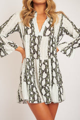 Green Snake Plunge Tiered Detail Dress - Kaiya-Dresses