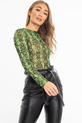 Green Snake Print Mesh Long Sleeve Top - Marisela-Tops
