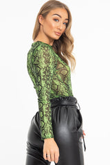 Green Snake Print Mesh Long Sleeve Top - Marisela-Tops