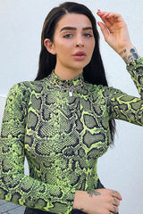 Green Snake Print Mesh Long Sleeve Top - Marisela-Tops