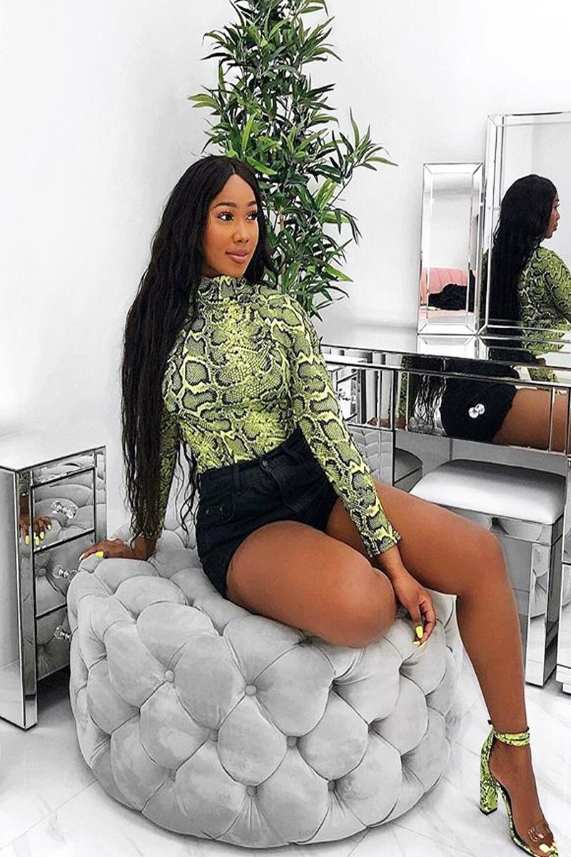 Green Snake Print Mesh Long Sleeve Top - Marisela-Tops