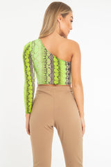 Green Snake Print One Sleeve Crop Top - Preesha-Crop Tops