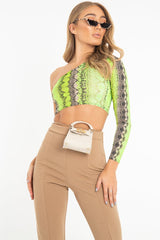 Green Snake Print One Sleeve Crop Top - Preesha-Crop Tops