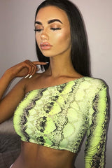 Green Snake Print One Sleeve Crop Top - Preesha-Crop Tops