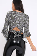 Green Snake Print Plunge Bell Sleeve Crop Top - Merla-Crop Tops