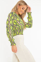 Green Snake Print Plunge Shirred Waist Blouse - Athena-Blouse