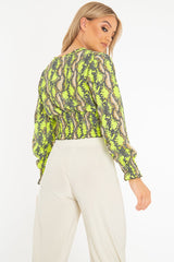 Green Snake Print Plunge Shirred Waist Blouse - Athena-Blouse