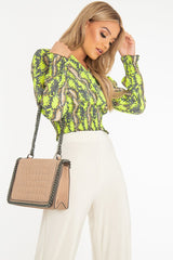 Green Snake Print Plunge Shirred Waist Blouse - Athena-Blouse