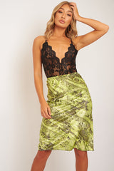 Green Snake Satin Midi Skirt - Klover-Skirts
