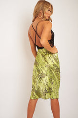 Green Snake Satin Midi Skirt - Klover-Skirts