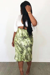 Green Snake Satin Midi Skirt - Klover-Skirts