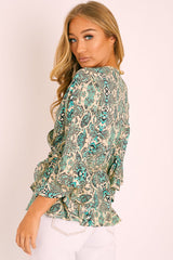 Green Snake Wrap Belted Blouse - Elease-Blouse