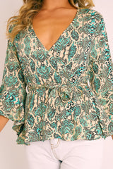 Green Snake Wrap Belted Blouse - Elease-Blouse