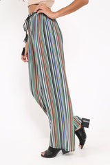 Green Stripe Wide Leg Beaded Tie Trousers - Haylie-Trousers
