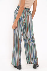 Green Stripe Wide Leg Beaded Tie Trousers - Haylie-Trousers