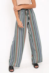 Green Stripe Wide Leg Beaded Tie Trousers - Haylie-Trousers
