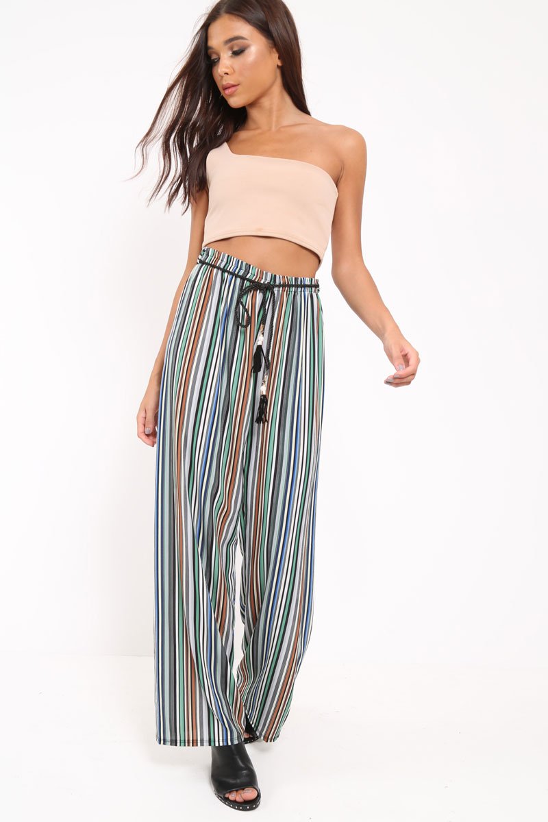 Green Stripe Wide Leg Beaded Tie Trousers - Haylie-Trousers