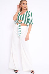 Green Striped Cut Out Tie Front Crop Top - Evelia-Tops