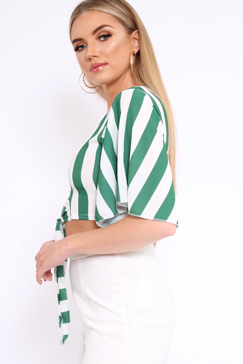Green Striped Cut Out Tie Front Crop Top - Evelia-Tops