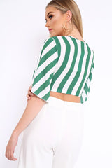 Green Striped Cut Out Tie Front Crop Top - Evelia-Tops