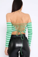 Green Striped Lace Up Front Crop Top - Cerys-Tops