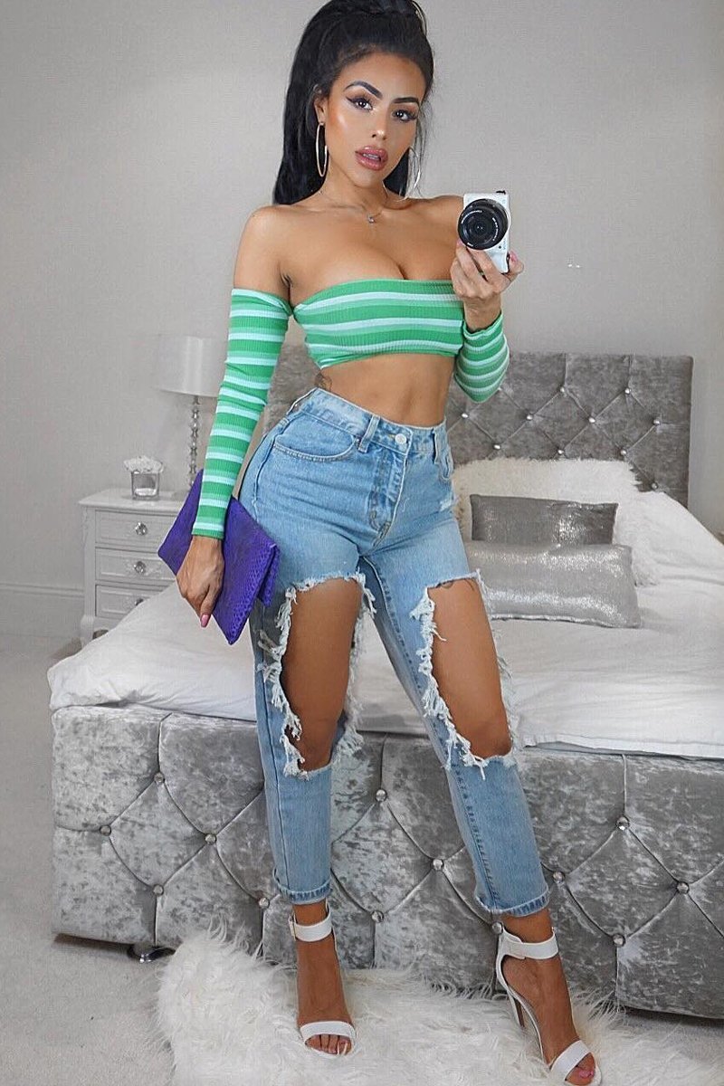 Green Striped Lace Up Front Crop Top - Cerys-Tops