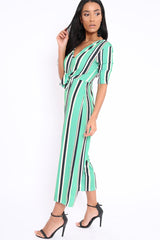 Green Striped Tie Front Jumpsuit - Tabatha-Jumpsuits