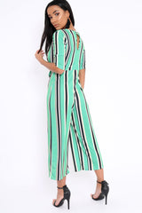 Green Striped Tie Front Jumpsuit - Tabatha-Jumpsuits