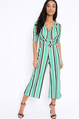 Green Striped Tie Front Jumpsuit - Tabatha-Jumpsuits