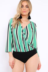Green Striped Wrap Front Plunge Bodysuit - Edie-Bodysuits