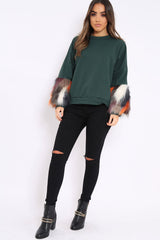 Green Sweatshirt with Multicolour Fur Sleeves - Loise-Jumper