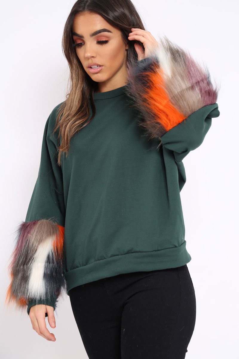 Green Sweatshirt with Multicolour Fur Sleeves - Loise-Jumper