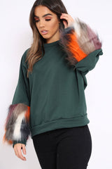 Green Sweatshirt with Multicolour Fur Sleeves - Loise-Jumper