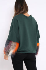 Green Sweatshirt with Multicolour Fur Sleeves - Loise-Jumper