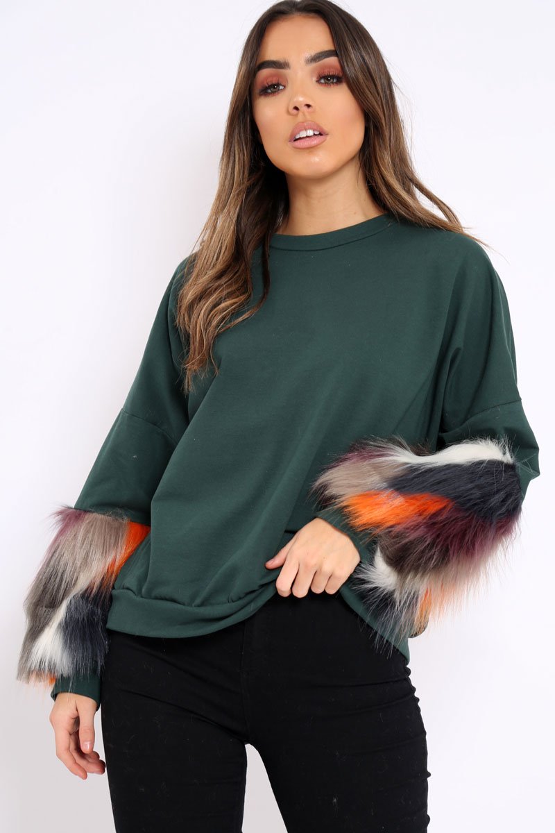 Green Sweatshirt with Multicolour Fur Sleeves - Loise-Jumper