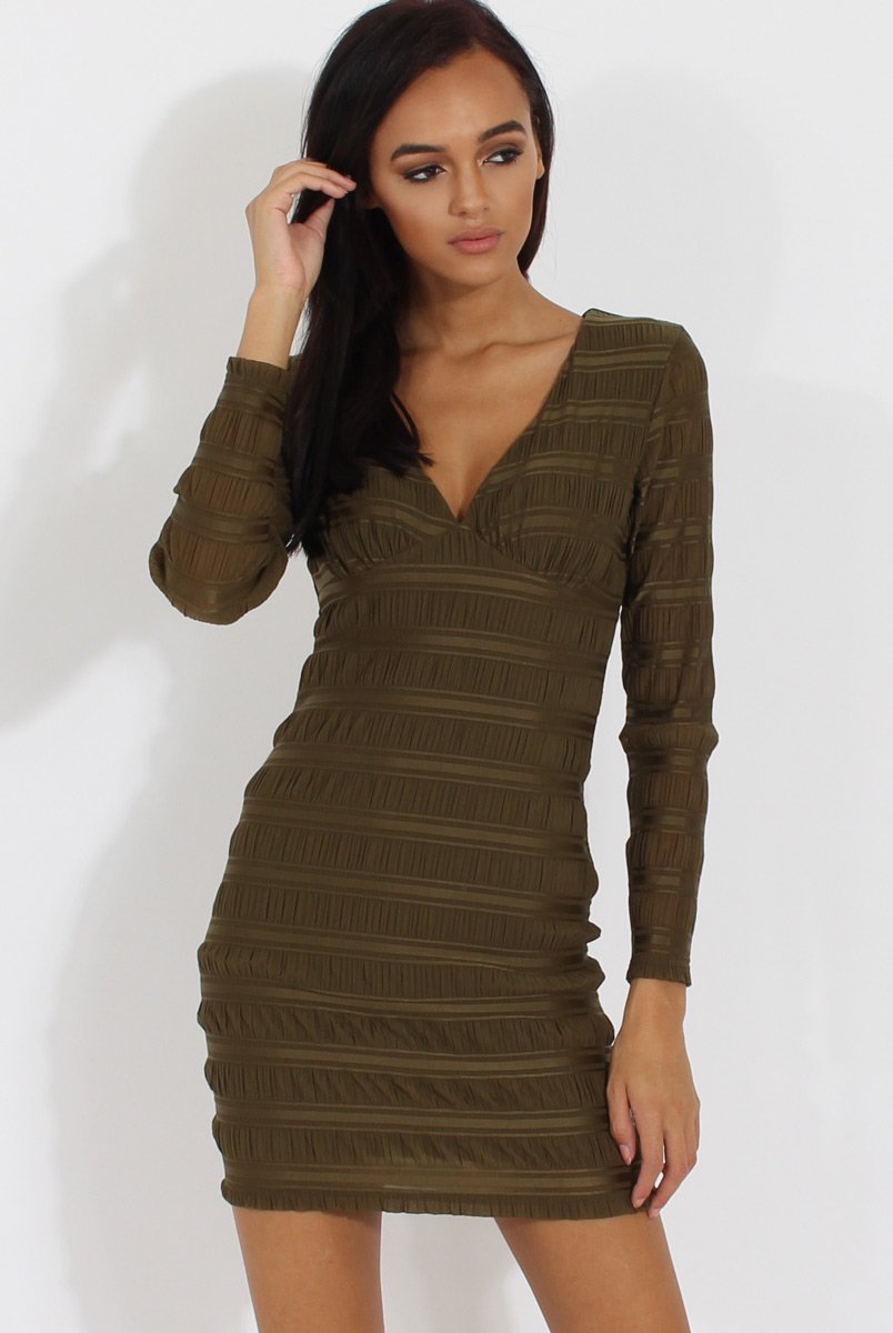 Green Textured V Neck Bodycon Dress - Salome-Dresses