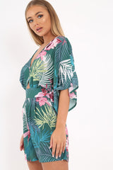 Green Tropical Kimono Sleeve Playsuit - Suzy-Playsuits