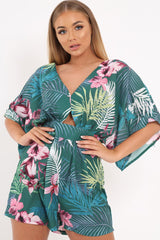 Green Tropical Kimono Sleeve Playsuit - Suzy-Playsuits