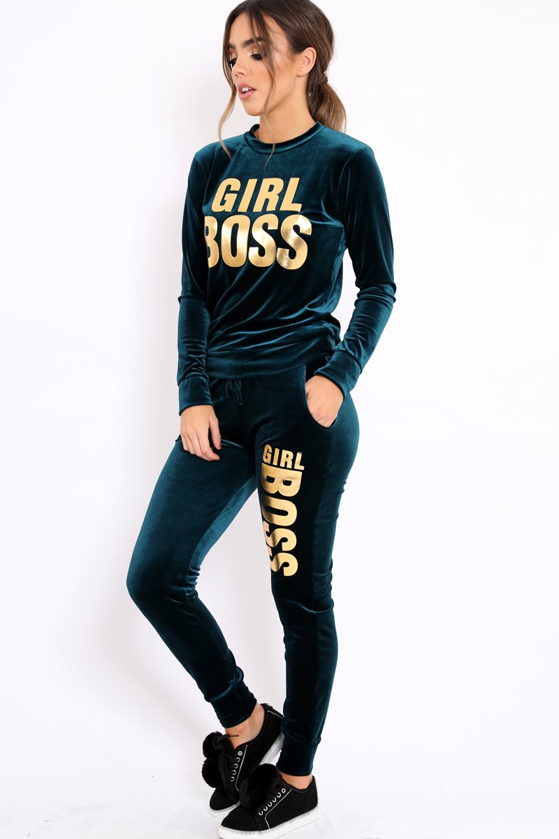 Green Velvet Girl Boss Slogan Tracksuit - Kacie-Loungewear