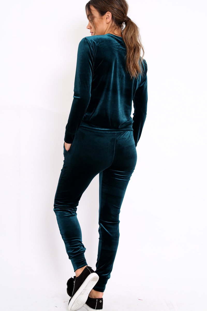 Green Velvet Girl Boss Slogan Tracksuit - Kacie-Loungewear