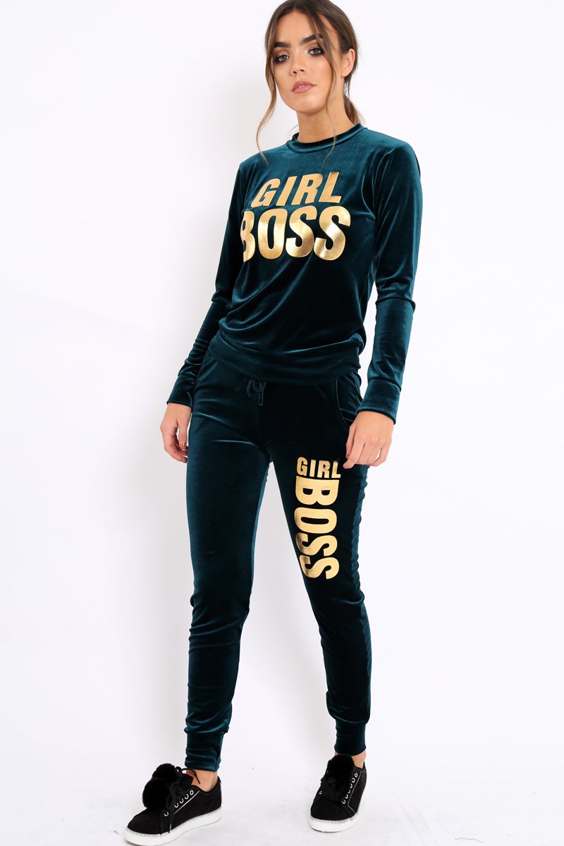 Green Velvet Girl Boss Slogan Tracksuit - Kacie-Loungewear