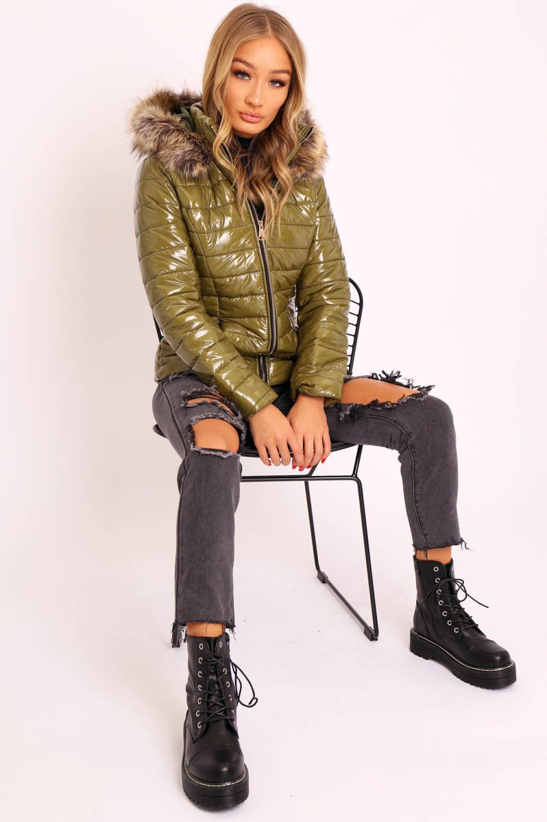 Green Wet Look Puffer Coat - Soph-Coats