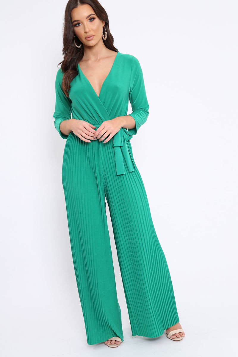 Green Wrap Front Plisse Leg Jumpsuit - Haiden-Jumpsuits