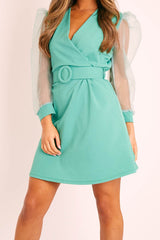 Green Wrap Organza Sleeve Belted Dress - Delanie-Dresses