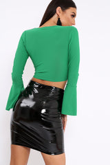 Green Wrap Over Tie Front Flare Sleeves Crop Top - Rabab-Tops
