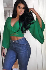 Green Wrap Tie Crop Blouse - Kay-Tops